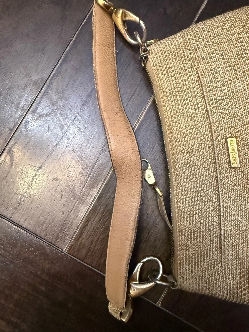 Eric Javits Woven Shoulder Bag Tan Gold Zip Top Summer Resort Purse